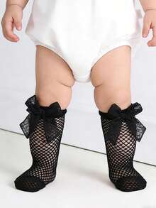 2 Pairs Baby Girls' Sweet Cute Bow Decor Hollow Fishnet Socks, Breathable Mid-Calf Mesh Socks For Spring/Summer - Multicolor - View 6