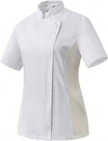 Ubon Women's Chef Coat Side Mesh Vent Zipper Chef Jacket - White Short Sleeve Single - View 5