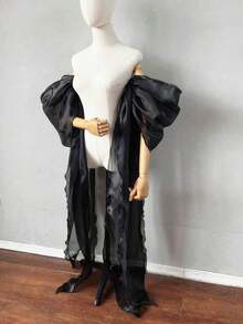 1pc White Organza Bridal Arm Long Sleeve With Ribbon, 2pcs White Bubble Sleeves, And 1pc Detachable Black Decorative Sleeve For Brides Autumn Accessories - 藍寶石 - 查看 6