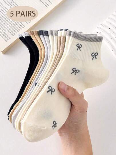 5 Pairs Women's Sweet Cute Bow Pattern Minimalist Ankle Socks With Ruffle Trim, Girls Socks, Fashionable Ins Style Comfortable White Socks, Random Colors, Suitable For Summer, Autumn And Winter