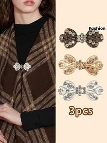 [Conjunto de Fivelas com Decoração de Laço] 3pcs/Conjunto. Clipes de Roupa com Decoração de Laço Multicoloridos - Fivelas Decorativas de Metal, Adequadas para Gola/Lenço - Acessórios de Moda Modernos e Versáteis (Vários Estilos), Clipes de Xale, Clipes de Camisola Vintage Europeus, Lenço Feminino com Aplicações de Strass - Multicolorido - Ver 5