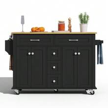 Carrito de cocina multifuncional con encimera plegable, extensible hasta 120*65 cm, con 5 cajones, armarios, especiero y toallero, con ruedas – isla de cocina para cocina, comedor y salón. - Negro - Ver 10