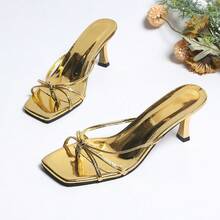 Women's Square Toe Thin High Heel Gold Thong Sandals, Sexy Fashion Party Shiny Gold High Heels - Gold - View 11