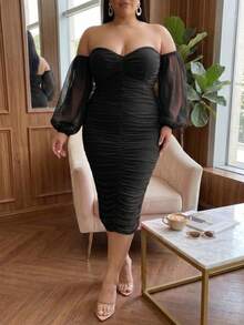 CALEBGAR Women's Plus Size Off The Shoulder Mesh Long Sleeve Bodycon Ruched Midi Party Cocktail Dress - Black - View 1