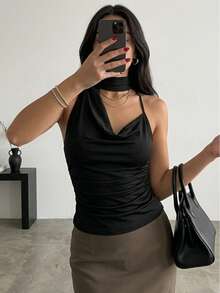 Women Summer Elegant Chic Cowl Neck Halter Black Party Tops Vintage Slim Sleeveless Top Camisole Graduation Festival Vacation Country Concert Beach Outfits ﻿ Casual - Black - View 6