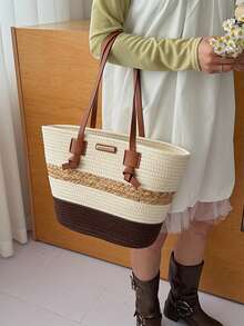 时尚夏季大容量拼接编织手提包，新款沙滩度假单肩/腋下包，多功能通勤草编手提包 - 咖啡 - 查看 6