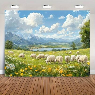 2D Backdrop, 1 Piece, Sheep Grazing On A Rolling Pasture - Pastoral Sheep Grassland Scene, Featuring Sheep Eating Grass And Green Hills, Polyester Fabric Suitable For Weddings, Party Decorations, Photo Booth Backdrops, Cake Table Cloths, And Rustic Farm Themes (Easy To Install)
