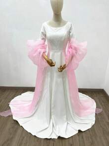 1pc White Organza Bridal Arm Long Sleeve With Ribbon, 2pcs White Bubble Sleeves, And 1pc Detachable Black Decorative Sleeve For Brides Autumn Accessories - 藍寶石 - 查看 8