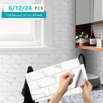 Bộ 6/12/24 miếng dán nhà bếp họa tiết đá cẩm thạch 2D, miếng dán tường màng pha lê bóng cho nhà bếp và phòng tắm, miếng dán gạch tự dính, giấy dán tường, kích thước 5.91*11.81 inch, miếng dán, decal dán tường, miếng dán vinyl, trang trí nhà cửa, trang trí mùa xuân, làm mới nhà cửa, miếng dán trang trí Rama