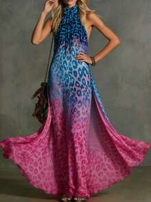 Vestido halter de mujer con estampado de leopardo degradado, vestido suelto y fluido sin mangas para la playa - Azul - Ver 6