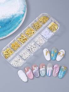 12格海洋主題夏季美甲裝飾，海星、貝殼、珍珠、金銀合金美甲飾品DIY，夏季美甲沙龍海洋風美甲設計美甲飾件 - 彩色 - 查看 4