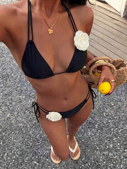 QKJ Bộ bikini trang trí hoa 3D, thích hợp cho kỳ nghỉ biển.