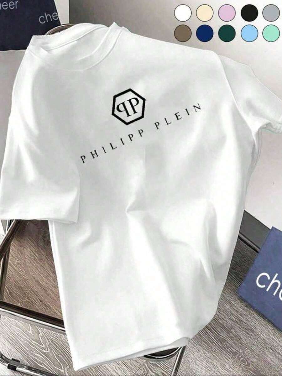Men's Letter Print Crew Neck-Shirt, Regular Fit Casual Short-Sleeve Crew Neck-Shirt Summer, Fashionable Men's Top Daily Wear, SockHot Item - 白色 - 查看 1