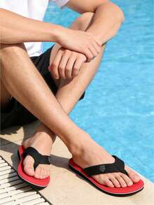 男士夏季沙滩凉鞋，休闲百搭家居拖鞋，人字拖，黑色夹趾凉鞋 - 紅色 - 查看 6