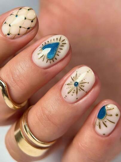 24 móng giả hình bầu dục cỡ trung bình, màu xanh dương cổ điển kiểu Baroque, kiểu dáng Ins-Style, có thể tháo rời, che phủ toàn bộ móng, phù hợp cho các bữa tiệc, dạ hội và sử dụng hàng ngày.