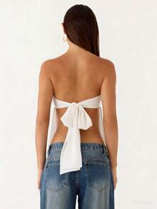 Women Summer Flowy Tube Top Y2k Solid Color Strapless Off The Shoulder Loose Fit Babydoll Bandeau Crop Tops Backless Sleeveless Going Out Tops Vests Shirts Casual Streetwear - 露背-白色 - 查看 2