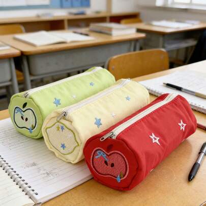 1 Túi đựng bút hình quả táo và ngôi sao dễ thương, dung tích lớn, túi đựng văn phòng phẩm di động, hộp đựng bút có khóa kéo cho học sinh, đồ dùng văn phòng phẩm, hộp đựng đồ dùng trên bàn nhẹ và bền, đồ dùng học tập cho năm học mới.