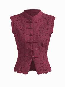 Women Long Sleeve Mandarin Collar Guipure Split Blouse Top Lace Floral Puff Sleeve Button-Down Shirt Slim Fit Elegant Sheer Tops Party Clubwear - 無袖酒紅色 - 查看 6