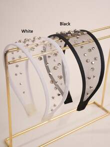 1pc Girls' Solid Color Versatile Mesh Shiny Rhinestone Wide Headband, Non-Slip Hair Accessory Suitable For Daily Wear, Face Mask, Outfit Matching - Multicolor - View 9