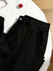 Conjunto de dos piezas de mezclilla casual para mujer, top de tirantes con escote cuadrado y volantes combinado con pantalones vaqueros anchos de talle alto.Tejido de mezclilla lavado suave y transpirable, ajustado y favorecedor, básico versátil para uso diario en primavera y verano. - Negro - Ver 4