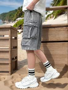 Quần short denim dáng rộng cho bé trai, thích hợp mặc thường ngày, đi học và hoạt động ngoài trời vào mùa hè. - Màu Xám nhạt - Xem 4