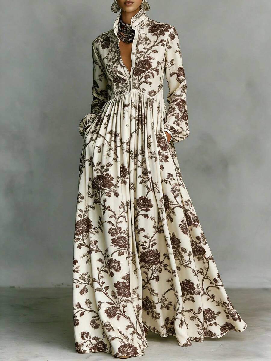 French Style Elegant Retro Casual Dress For Women Slimming Long Sleeve Printed Midi Dress With Waist Cinching Vacation Fashion Clothing - 棕色 - 查看 1