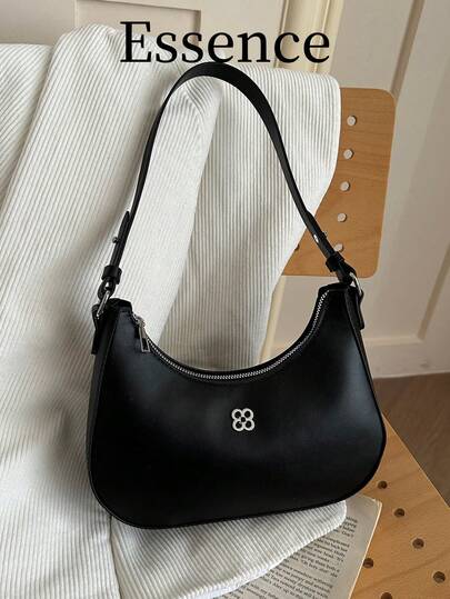 1pc Black Spring New Metal Hardware Decor Solid Color PU Baguette Bag, Women Shoulder Underarm Bag