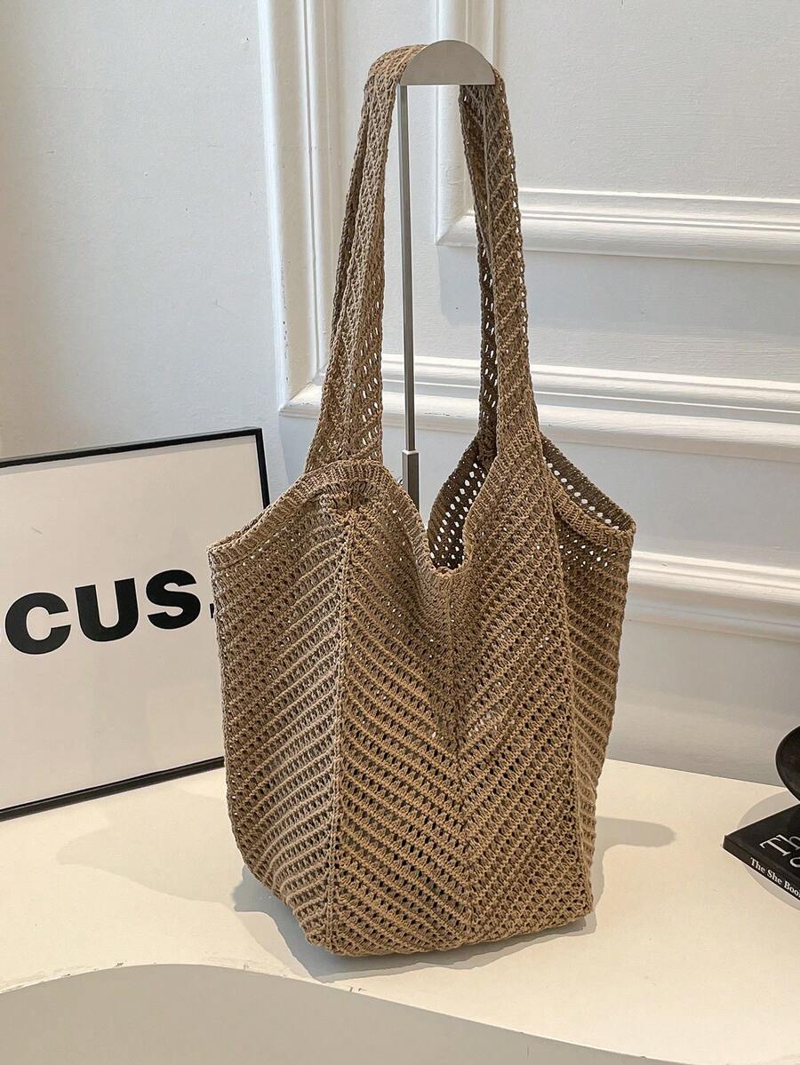 Casual Versatile Crochet Knitted Tote Bag, Large Capacity Shoulder Bag - Khaki - View 1