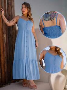 Elegant Women's Long Dress With Padded Cups, Lining, Adjustable Straps, And Front Buttons - 淺藍色 - 查看 1