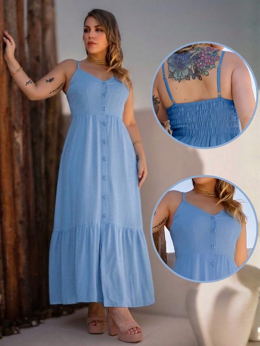 Elegant Women's Long Dress With Padded Cups, Lining, Adjustable Straps, And Front Buttons - 淺藍色 - 查看 1