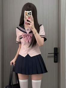 Cosplay Clothing - 粉紅水手服上衣+領結+紺色百褶裙 - 查看 6