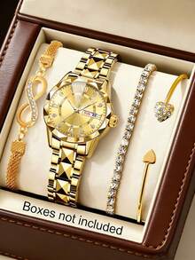 4pcs Luxury Jewelry Set: Gold Round Case Roman Numeral Quartz Watch, Bracelet & Bangle, With Calendar Design, Best Birthday Gift For Her, Suitable For Daily, Party, Holiday, Back To School - White - View 10