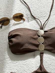 Bộ bikini dây kim loại hở lưng thanh lịch dành cho nữ năm 2026, trang phục đi biển nghỉ dưỡng, mùa xuân/hè. - Cà phê nâu - Xem 3