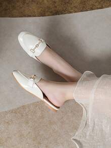 Mengshangli Zapatos de mujer tipo mule sin cordones, de unicolor y estilo colegial, zapatos planos con decoración de perlas metálicas en estilo punk, bohemio y retro, adecuados para la oficina, vacaciones y fiestas, para primavera/verano - Albaricoque - Ver 3