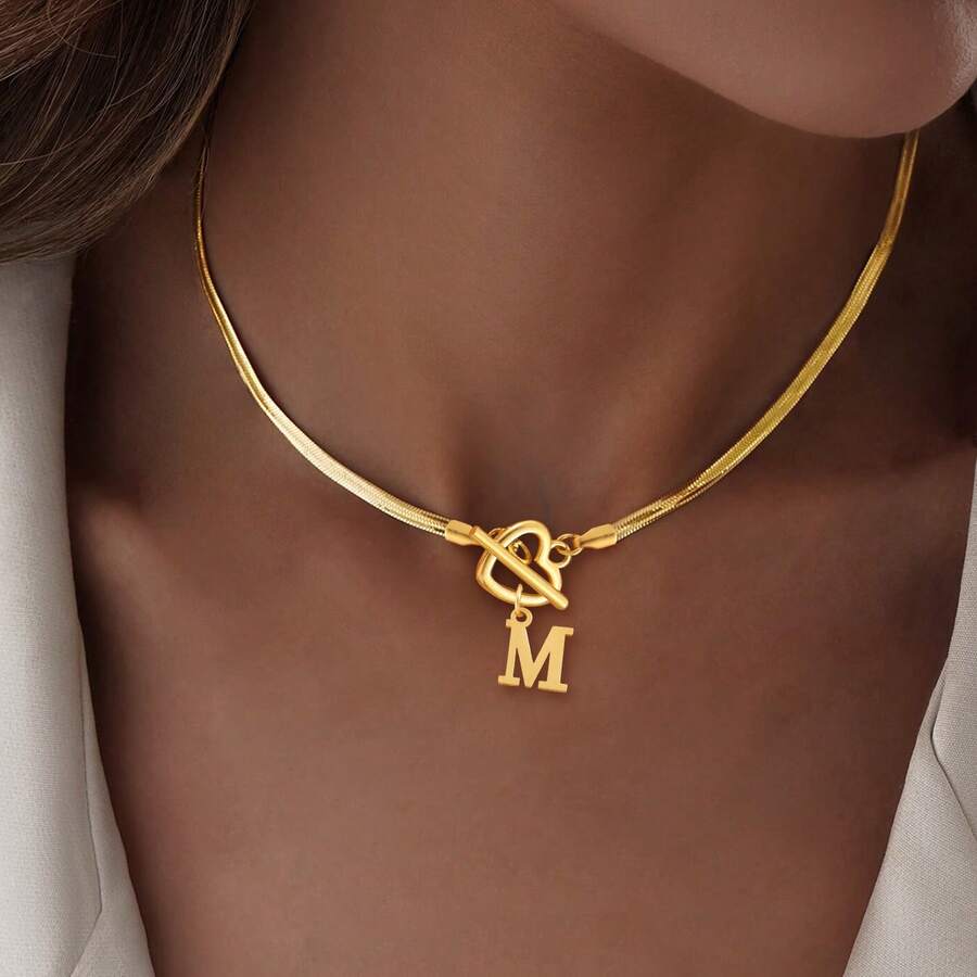 1pc New Classic Hollow Heart Letter Pendant Necklace, Stainless Steel Fishbone Chain For Women - Golden Letters - View 1