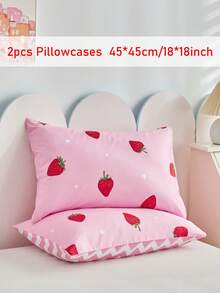 2pcs Pink Strawberry Print Pillowcase, Cartoon Cute Polyester Throw Pillow Cover Suitable For Sofa, All Seasons, Soft & Breathable, Machine Washable, Home Decor, No Filling - Pink - View 11