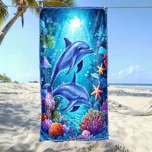 1pc Extra Large Quick Dry Beach Towel - Big Dolphin & Coral Reef Pattern, With Marine Life Motif - Soft Microfiber Towel, Suitable For Pool, Travel, Camping - Green Ocean Tone - Easy Care Beach & Pool Accessory, Vibrant Ocean Pattern, Fast Drying Fabric, Ultra Soft Material - Multicolor - View 2