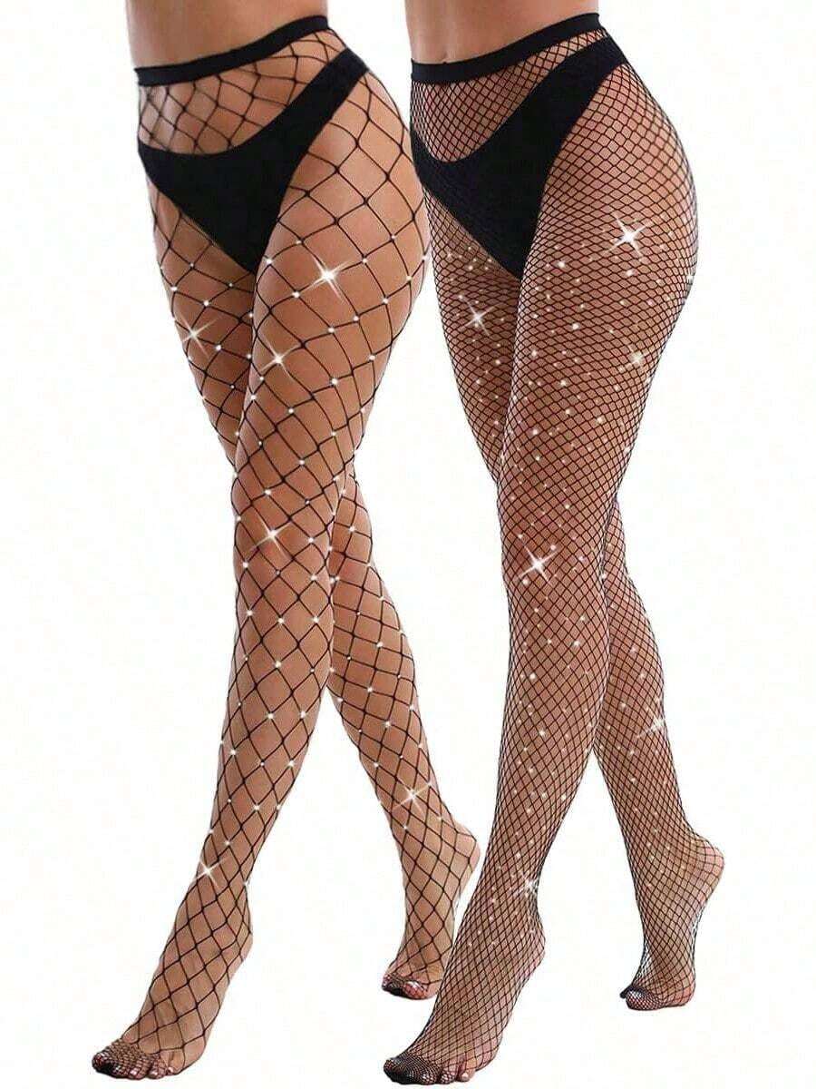 2 Pack Sparkly Large And Medium Mesh Fishnet Tights Women Glitter Fishnets Stockings - 紫色 - 查看 1