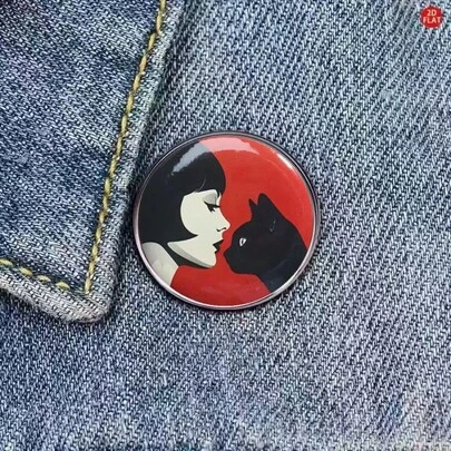 1枚复古波普艺术女孩与黑猫珐琅徽章，复古红色美学圆形翻领胸针徽章，可别在背包和外套上