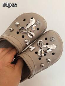 8/10/18pcs Silver Flower, Bow, Bear Shoe Charms, Detachable Shoe Decorations, Sandal Accessories, Holiday Party Gift - Multicolor - View 2