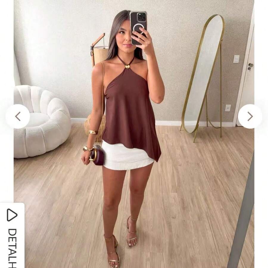 Women's Asymmetrical Blouse With Lace Ruffle, Nightgown Style, Casual, Winter 2026, High Neck, Formal - 摩卡棕 - 查看 1