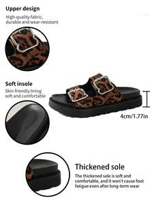 Leopard Print Double-Buckle Sandals For Women, Thick Sole Slip-On Slippers, Fashion Versatile Summer Outdoor Slides - Leopard Brown - View 9