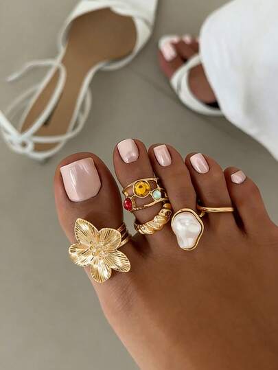 5 peças/Conjunto Anéis de Dedo do Pé com Tema Boêmio Oceânico de Estrela do Mar e Flor de Metal, Anéis de Dedo Ajustáveis, Adequados para Uso Diário, Festas, Feriados e Acessórios de Férias para Mulheres