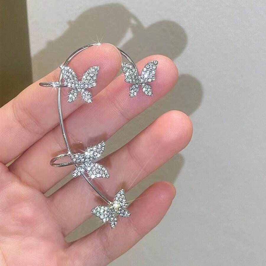 1 pieza Pendiente de oreja tipo cuff con mariposa plateada al lado derecho - Plateado - Ver 1