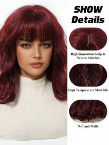 12 Inch Short Wavy Bob Wig, Classic Wine Red Water Wave Bob Wig With Bangs, Heat Resistant Natural Look, Suitable For Daily Wear, Party, Cosplay - Burgundy - View 7