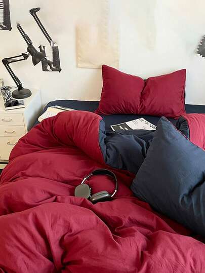 3pcs Burgundy & Navy Blue Patchwork Soft & Breathable Duvet Cover Set (1 Duvet Cover + 2 Pillow Shams, No Filler), Suitable For Bedroom & Guest Room, Machine Washable, All Season