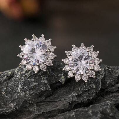 一对时尚简约嘻哈风圆形立方氧化锆耳钉，镀银，男女皆宜的情侣耳环，日常佩戴，情人节、斋月理想礼物