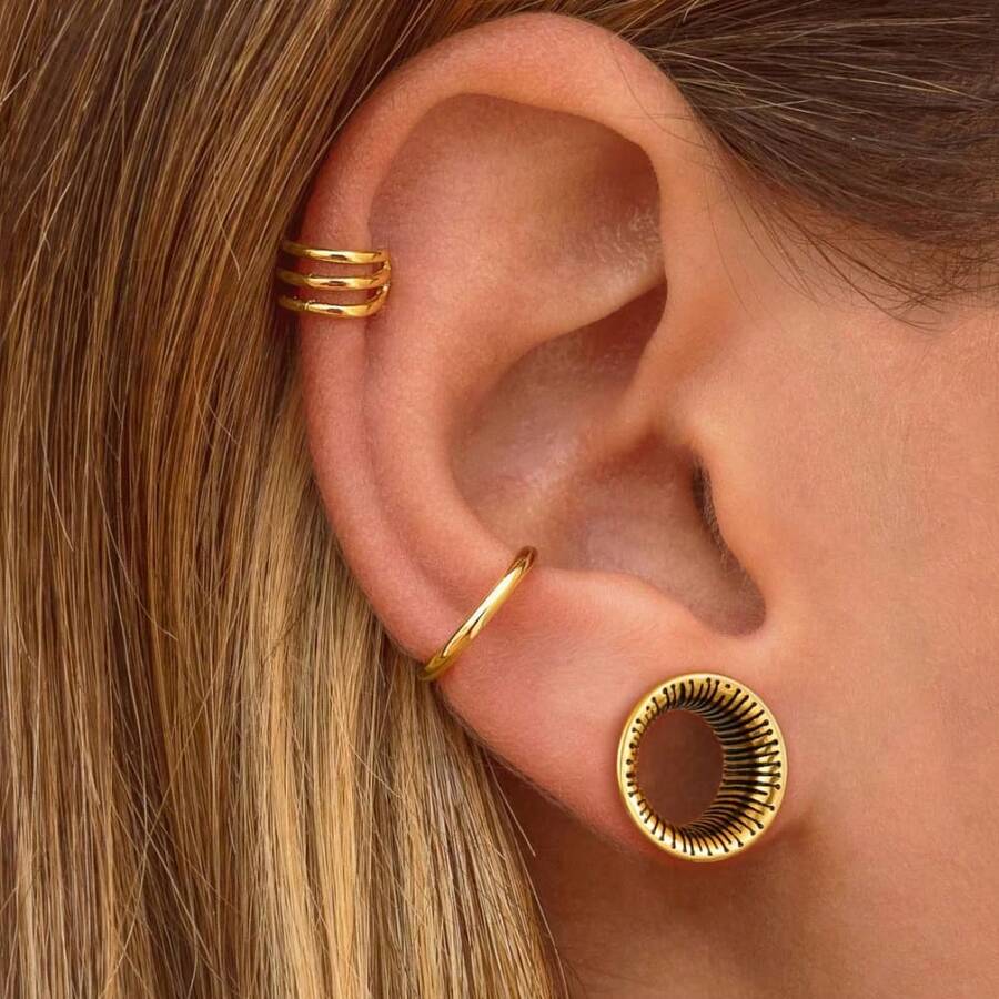 2个316L不锈钢耳扩，内壁纹理，中空耳塞，耳廓扩张器，穿刺饰品 - 圓形 - 查看 1