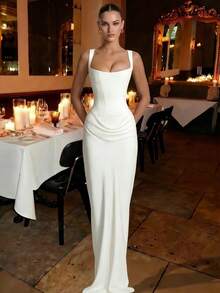 Đầm ôm sát gợi cảm dây mảnh Cornelia dành cho nữ, đầm dài xếp ly mùa hè, đầm cocktail sinh nhật thanh lịch thắt nơ phía sau bằng ren trắng. - trắng - Xem 3