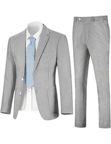Men's Two-Piece Suit, Seersucker Fabric, Elegant Suit Jacket, Matching Trousers, Casual Business Wedding Suit, Men's Formal Suit, Wedding, Business Caformal Event Attire, Elegant Men's Wear, Exquisite Appearance, High-Quality Seersucker Material - 灰色 - 查看 3